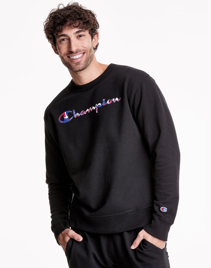 Champion Herre Sweatshirt Sort - Powerblend Fleece Crew Liquid Filled Script Logo - Danmark OYN-2596